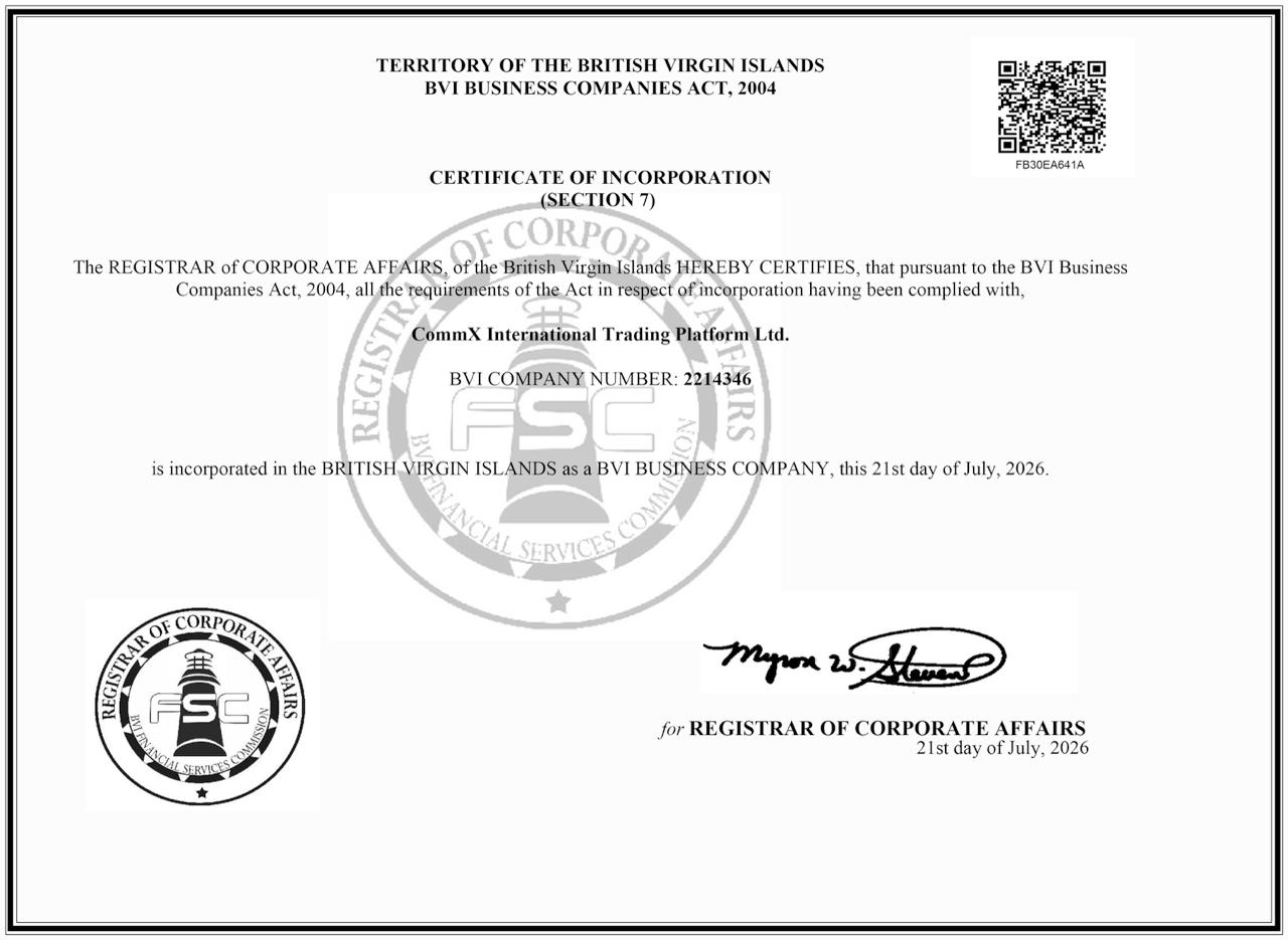 CommX International Trading Platform Ltd. BVI 公司注册证书
