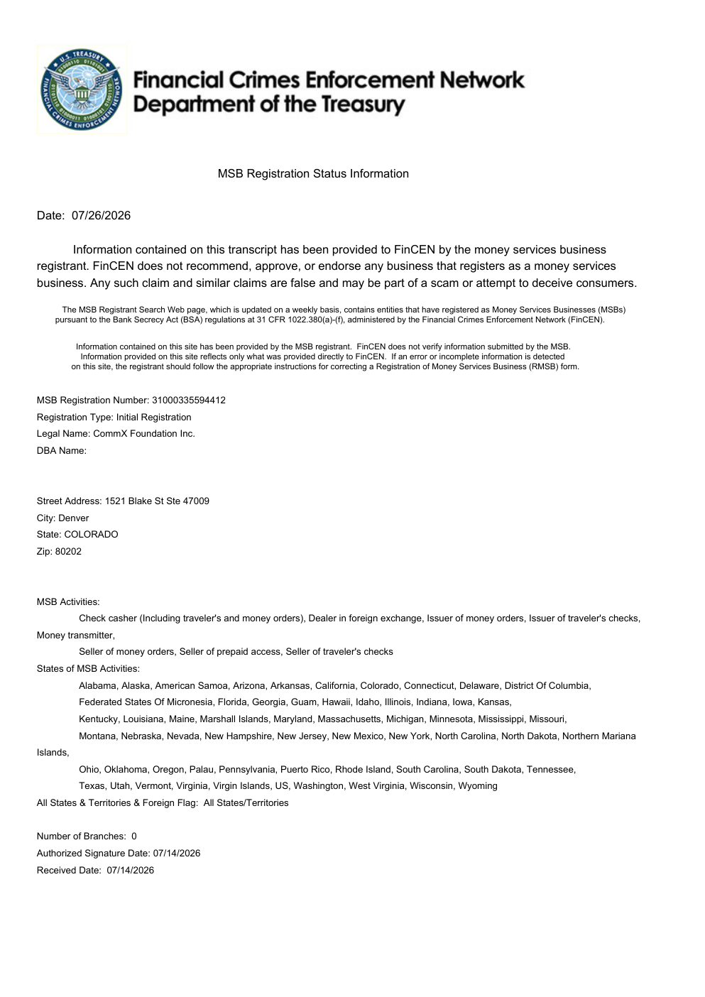 CommX Foundation Inc. FinCEN MSB 登记信息文件预览